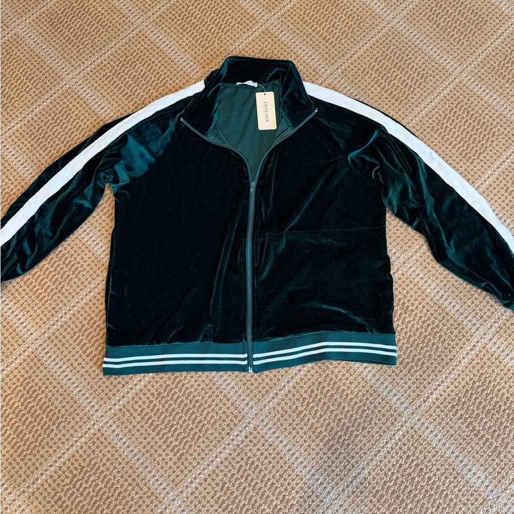 Green Velvet Track Jacket with White Stripes